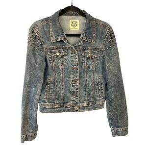 Studded Spikes Acid Wash Denim Cropped Jean Jacket Size L Punk Streetwear Edgy